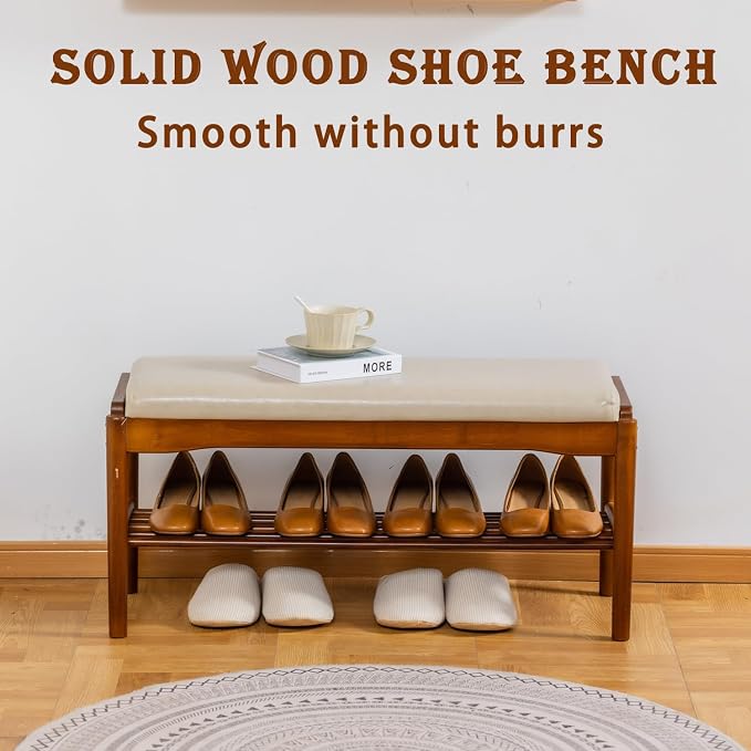 latifolia Small Shoe Bench, Solid Wood Bench with Cushion, 2 Tier Shoe Storage Organizer for Entryway(Walnut,31.50''L) - Image 4
