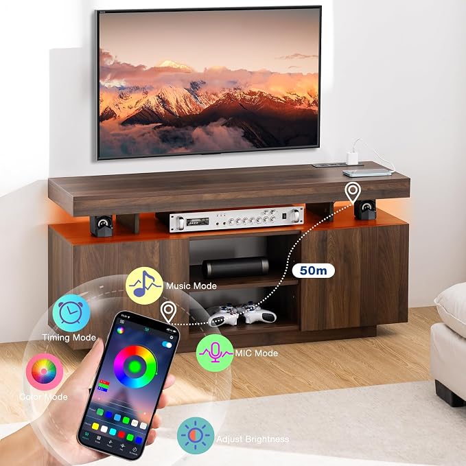 HOMMPA LED TV Stand for 55/50/43/40/32 Inch Modern Entertainment Center with Power Outlets, Gaming Consoles Storage, Media Table with LED Lights, Game Cabinet for Living Room Walnut - Image 4