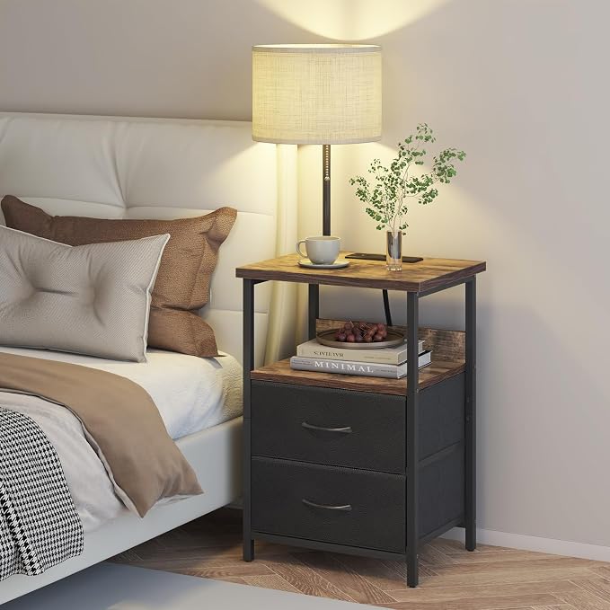 Fixwal Bedside Table with 3 Color Temperature Reading Light, Nightstand with LED Light & Charging Station End Table with Adjustable Fabric Drawer for Bedroom, Dorm, Rustic Brown - Image 2