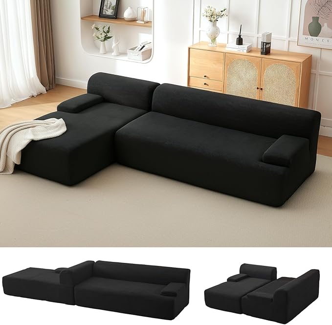108" Sectional Couches for Living Room, Modular Sectional Sofa with L-Shape Chaise, Cloud Couch, Comfy Corduroy Couch with Deep Seat, No Assembly Required,Black