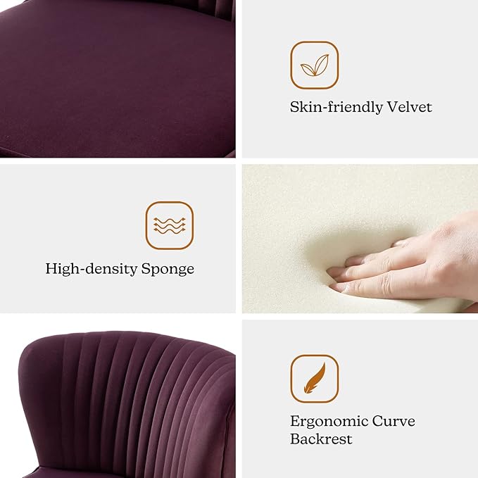 HULALA HOME Velvet Accent Chair, Modern Upholstered Cute Side Chair with Gold Metal Legs, Armless Wingback Slipper Chair Comfy Living Room Chair for Bedroom Guest Room Vanity, Purple