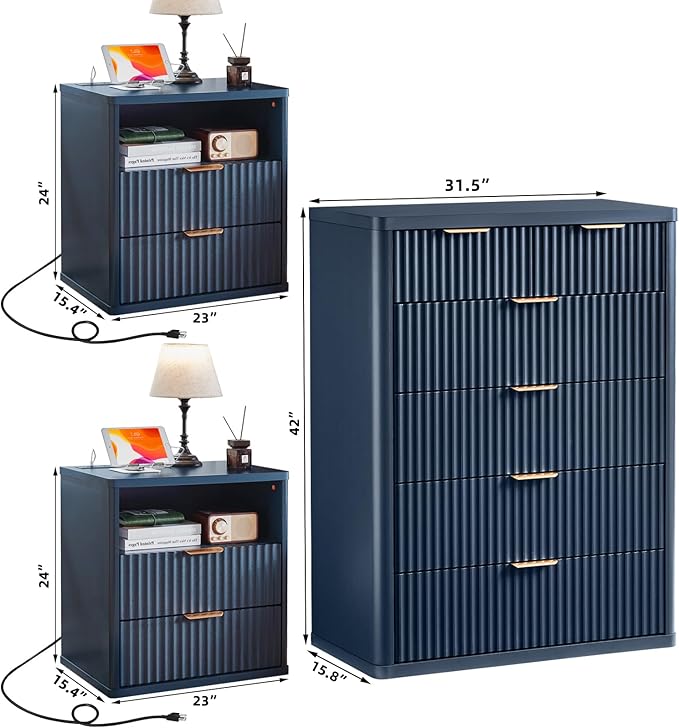 LEYAOYAO 42" Tall Fluted Dresser and 2 Drawers 23" Nightstand Set of 2, Wooden Dresser & Night Stand with Charging Station, 3 Piece Bedroom Furniture Set, Chest of Drawer for Living Room,Navy Blue