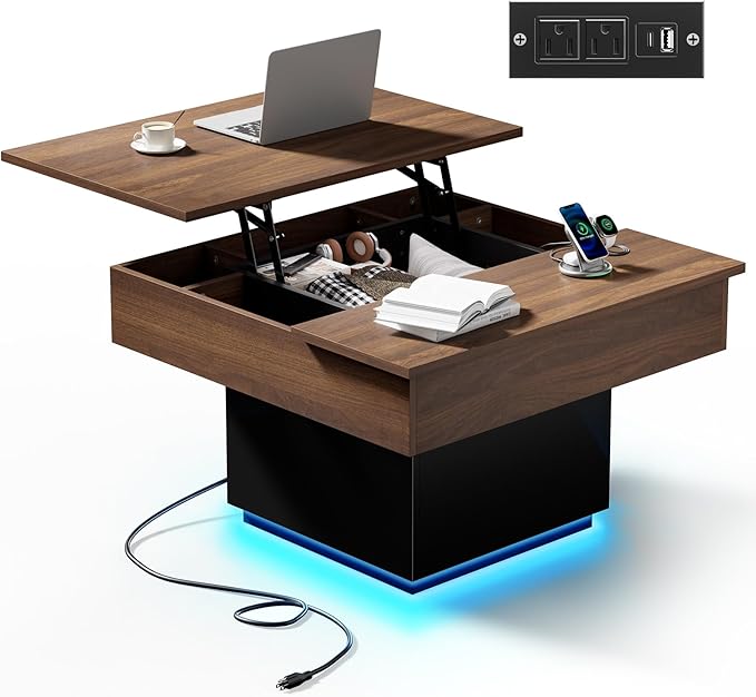 FABATO Lift Top Coffee Table with LED Light and Charging Station, 31.5 Inch Square Coffee Table with Hidden Storage, Modern Farmhouse Center Table for Living Room, Reception Dinning Room,Black