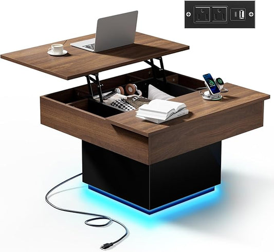 FABATO Lift Top Coffee Table with LED Light and Charging Station, 31.5 Inch Square Coffee Table with Hidden Storage, Modern Farmhouse Center Table for Living Room, Reception Dinning Room,Black