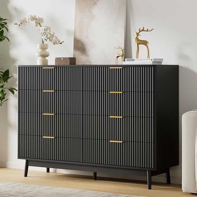 LYNSOM Fluted Dresser and Nightstand Set, 3 Pieces Bedroom Set, 55 Inch Wide 8-Drawer Dresser & 2-Drawer Nightstands Set of 2, Modern Dressers Set for Bedroom, Hallway, Black