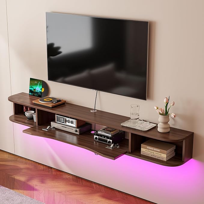 FurniNova Floating TV Stand,94'' Wall Mounted TV Cabinet,Floating TV Console,Under TV Shelf with 1 Door and 2 Cabinets for TVs up to 90''(Walnut) - Image 4