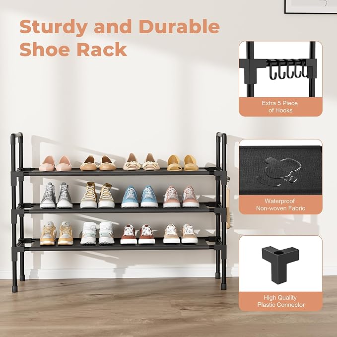 3 Tier Shoe Rack, Shoe Organizer Storage for 16-20 Pair Boot and Sneaker, Stackable Free Standing Shoe Shelf with Hooks and Side Pocket, Space Saving Shoes Rack for Closet, Entryway - Image 4