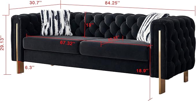 KEIKI 84" Chesterfield Velvet Tufted Button Sofa with Removable Cushions and 2 Toss Pillows, Modern 3-Seater Couch with 4 Gold Metal Legs, Easy Assembly, for Living Room, Bedroom, Apartment, Black