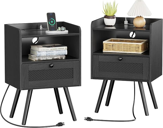 SUPERJARE Nightstands with Charging Station, Bedside Table Set of 2 with Texilene Surface Drawers, Rattan Side Table with Storage & Solid Wood Feet, End Table for Bedroom, All Black by SUPERJARE