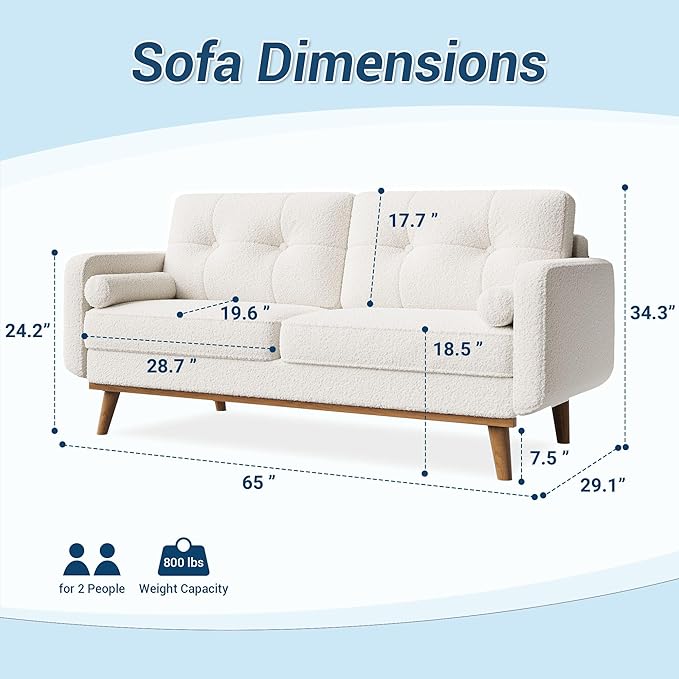 Garvee 65" Mid Century Modern Loveseat Sofa for Small Spaces, 2 Seater Boucle Upholstered Couch with Button Tufted Design & Wood Legs, Small Couch for Living Room, Bedroom, Office, Apartment, Beige