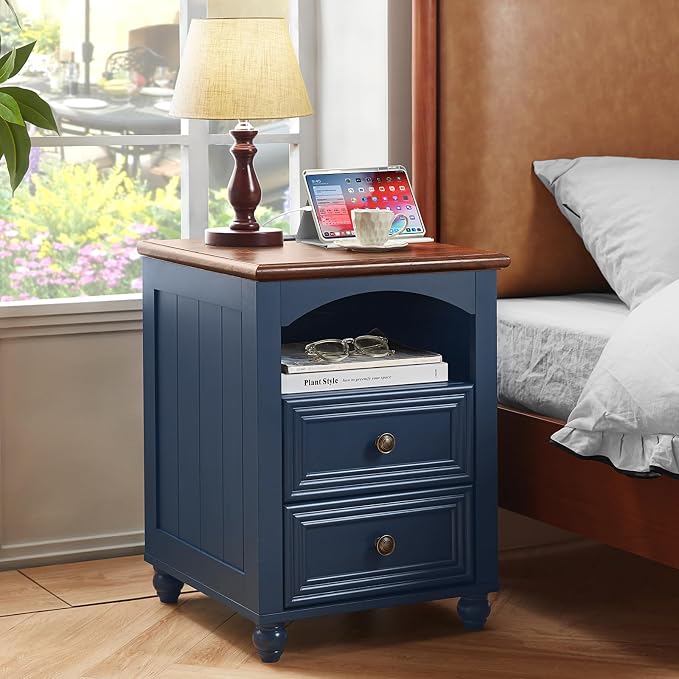 RWYHG 18" Farmhouse Night Stand Set of 2 with Charging Station, Wood Blue Nightstand with 2 Drawers, Bedside End Table with Shelf Storage, Bed Side Tables for Bedroom, Living Room, and Closet - Image 7