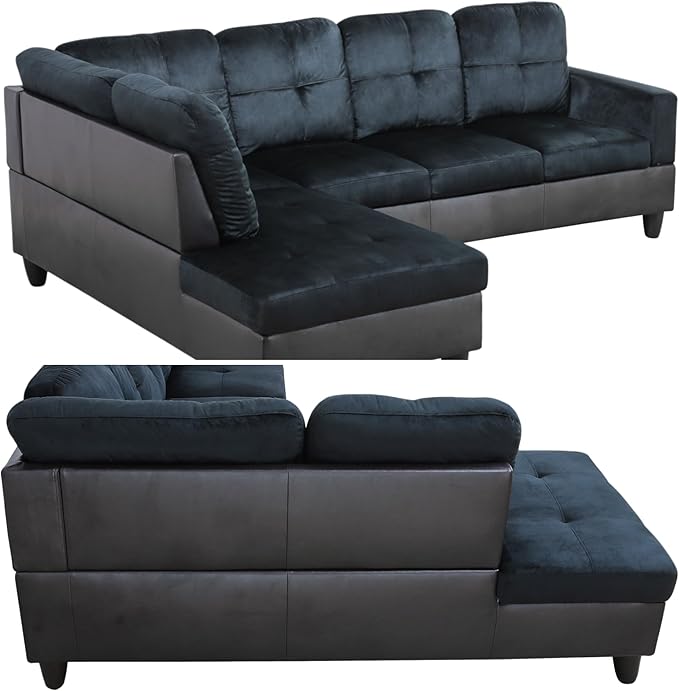 103.5 Inch Modern L-Shaped Couch, Flannel Sectional Sofa with Chaise Lounge, 4-Seater Couch with Accent Pillows for Living Room, Apartment, Dark Blue & Brown