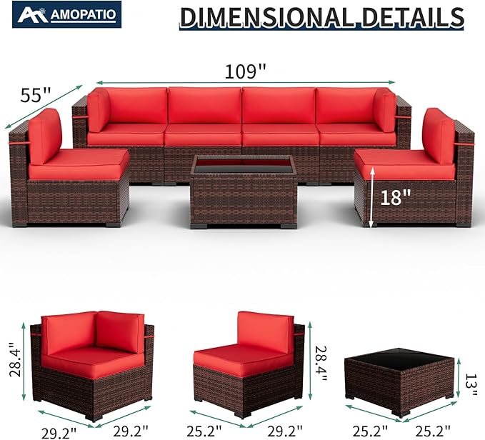 Amopatio Patio Furniture Set 7 Pieces Patio Conversation Set Outdoor Sectional Wicker Rattan Sofa with All-Weather Cover, Patio Furniture with Pillows Fits Porch Garden Backyard Balcony(Red)