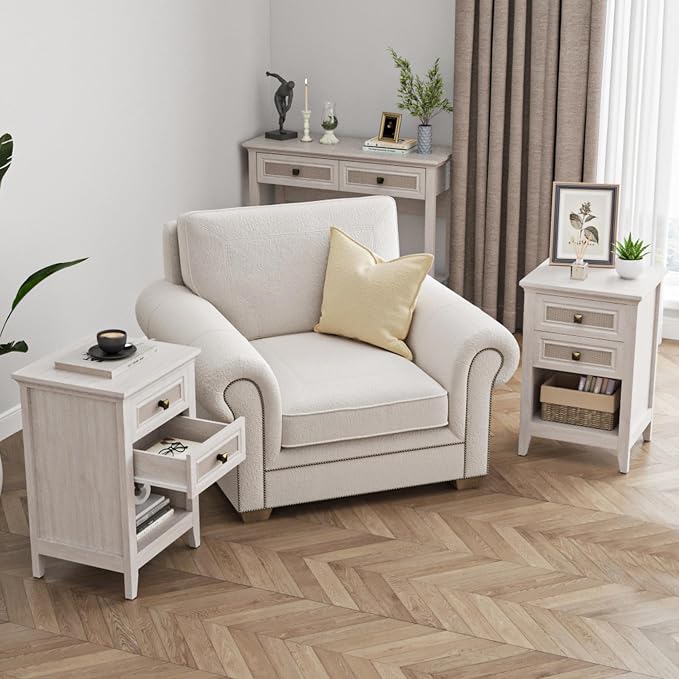 RoyalCraft Rattan Nightstand Set of 2, Boho Bedside Table with 2 Rattan Decor Drawers, Wood Accent End Table with Open Storage Shelf for Bedroom, Home Office, Grayish White - Image 7
