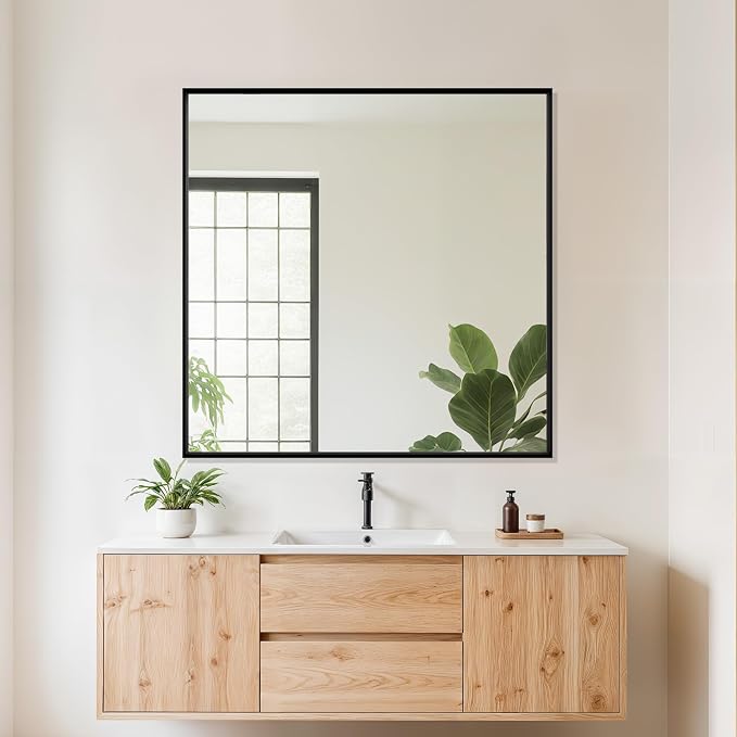 Suidia Bathroom Mirror, 30" x 30" Wall Mirror Metal Framed, Bathroom Vanity Mirror for Living Room Bedroom Bathroom Entryway, Black, Rect Corner Style - Image 3