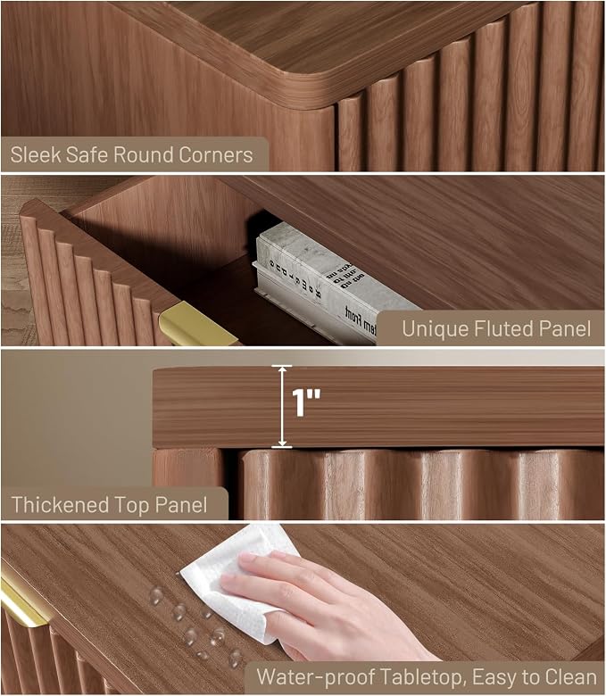 Nightstands Set of 2, Nightstand with Drawers Bedside Table End Table, Modern Fluted Nightstand Bed Side Table for Bedroom Living Room (Brown) - Image 5