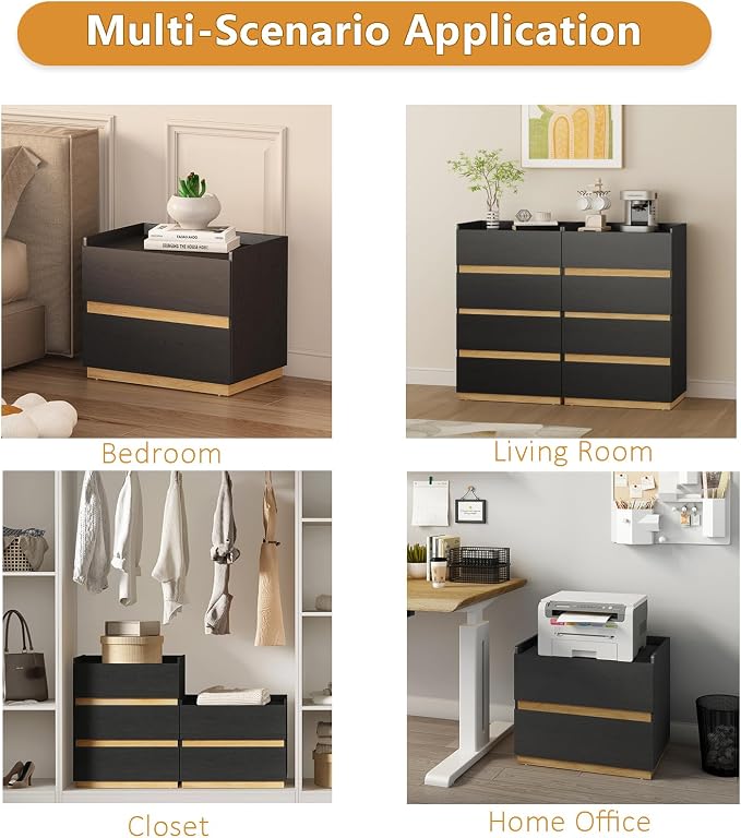 Large Modern Nightstand Black Bedside Table, 2 Drawer Dresser Wood Stackable Storage Drawers for Clothes for Closet, Bedroom, 24"x16"x20" - Image 4