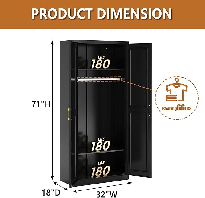 Polup Metal Armoire Wardrobe Closet with Hanging Rod, 71" Tall Wardrobe Cabinet for Clothes, Black Clothing Storage Cabinet with Doors and Shelves, Large Wardrobes for Bedroom, Office, School, Gym