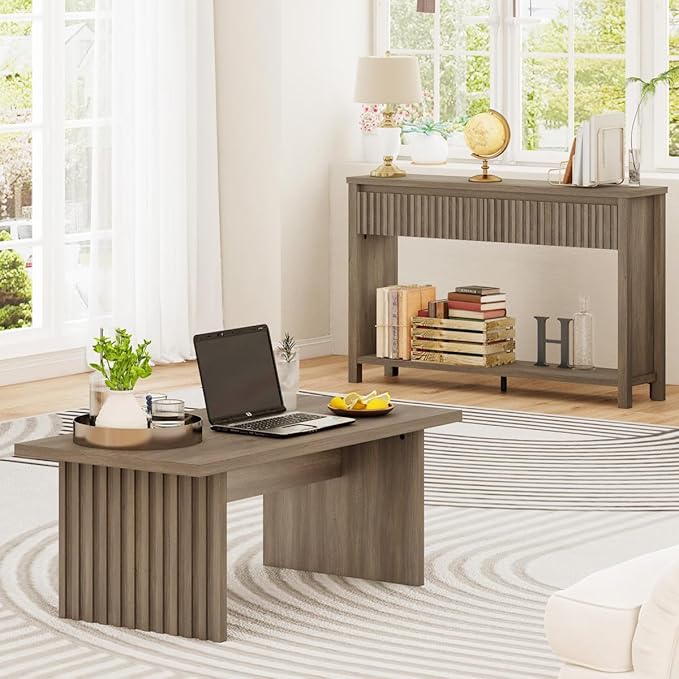 BON AUGURE Fluted Coffee Table, Wood Living Room Tables, Rectangle Coffee Tables for Living Room, Center Table for Home, Office (Greige Oak, 43Inch)