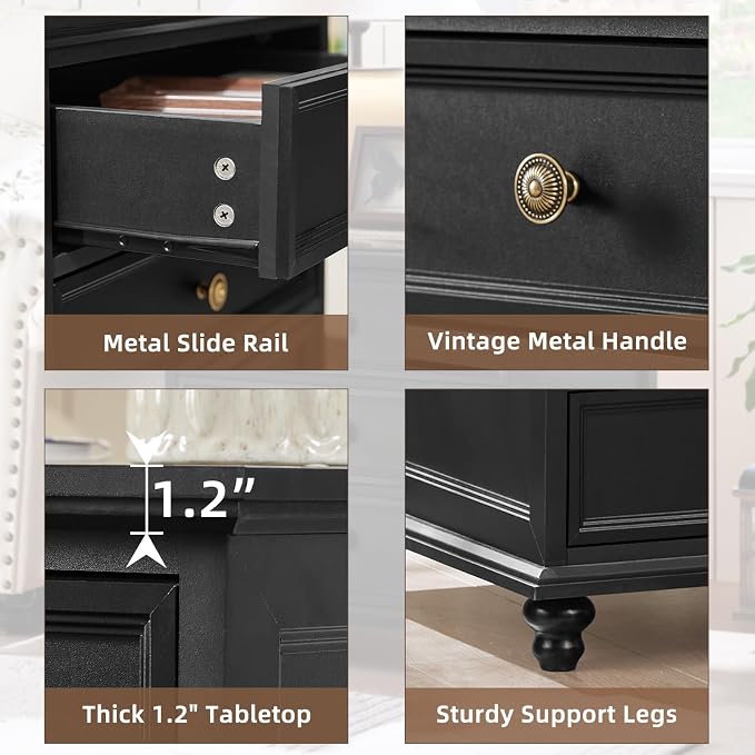 Joaxswe 24" Wide Farmhouse Night Stand Set of 2,Large End Table with 3 Drawers & Metal Handle,Black Wood Dresser for Bedroom,Bed Side Table Chest of Drawers Cabinet,Nightstand for Living Room,Closet - Image 6