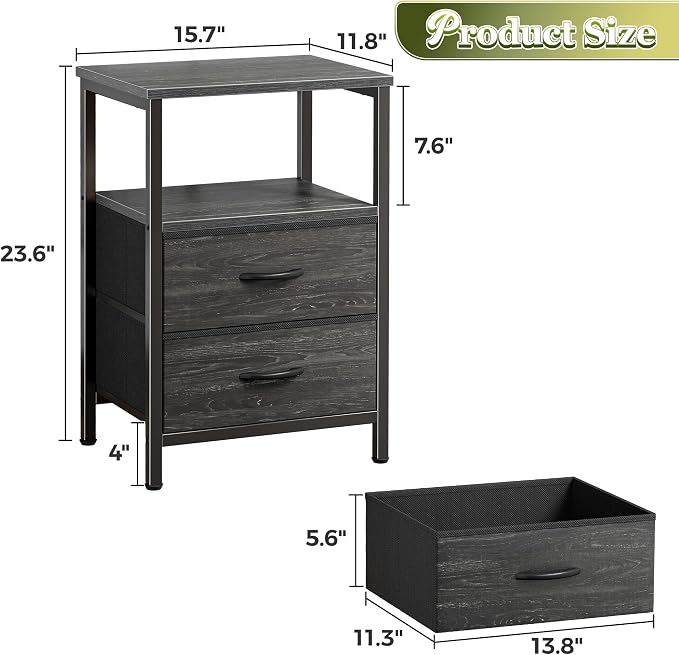 Huuger Night Stand Set of 2, Nightstand with 2 Drawers, Bed Side Table with Open Shelf, Wooden Top, End Table, Fabric Drawer with Charcoal Black Wood Grain Print, for Bedroom - Image 3