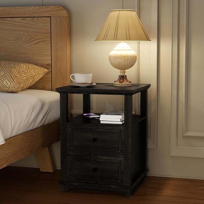 Vipbear 18" Nightstand with Charging Station Black Farmhouse End Table with Drawers Wood Night Stand for Bedroom Modern Bedside End Table with Open Shelf Storage Space - Image 4