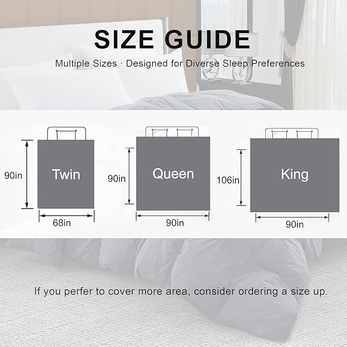 Pinch Pleat Goose Feather Down Fiber Comforters Queen Size, Grey 100% Cotton Duvet Insert, Fluffy Medium Warmth Bedding Comforter with Corner Loops (Grey, 90 x 90 Inch)