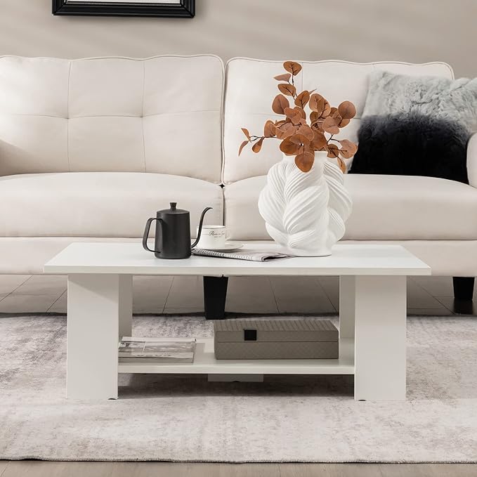 Giantex Rectangle Wood Center Table, 41" L 2-Tier Small Modern Tea Table w/Open Compartment, Easy Assembly, Accent Coffee Table for Living Room, Reception Room, White