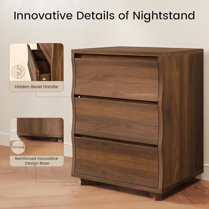 Nightstand, Night Stand with 3 Drawers, Modern Nightstand with Large Storage, Silent Slides, Wooden End Side Table, Bedside Table with 3 Drawers for Bedroom (Brown) - Image 4