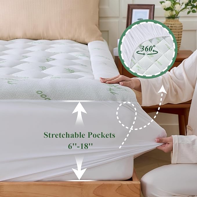 King Mattress Topper, Viscose Derived from Bamboo Thick Pillow Top Mattress Pad with Deep Pocket, Naturally Cooling for Hot Sleepers, Soft for Back Pain Relief, Green
