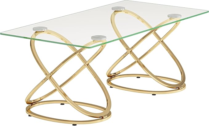 47" Rectangle Coffee Table with Tempered Glass Tabletop, Modern Gold Ring Base, Luxury Living Room Center Table