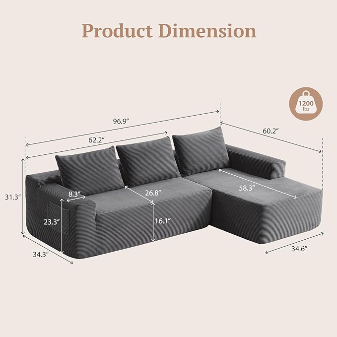 97inch Boneless L-Shaped Sectional Sofa with Throw Pillow & Side Pockets- No Assembly Compressed Modular Couch, Memory Foam, Deep Seat for Living Room, Bedroom, Apartment Grey Right