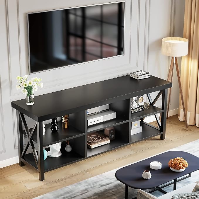 GreenForest TV Stand for TV up to 65 inches, Entertainment Center with 6 Storage Cabinet for Living Room, 55 inch Farmhouse Television Stands Console Table, Industrial TV stands for Living Room, Black - Image 7