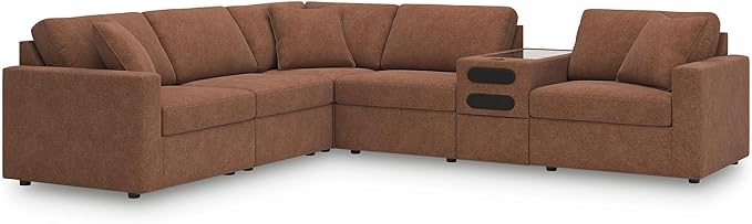 Signature Design by Ashley Modmax Contemporary Stain Resistant Left-Arm Facing 6-Piece Sectional with Audio Console, Armrest, Throw Pillows, Reversible Cushions and USB Port, Orange
