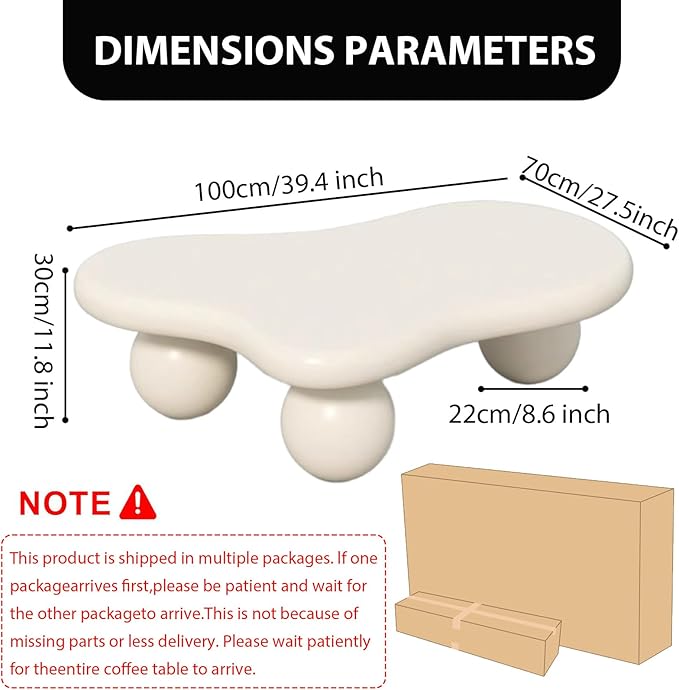 Modern Wooden Coffee Table Cloud Coffee Table Cute Central Living Room Low Table Irregular Indoor End Table White Coffee Tables with 3 Ball Legs for Living Room Bedroom (White Round Leg B 39.4 inch)