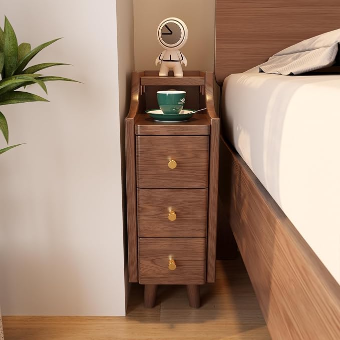 Solid Wood Narrow Nightstand with Drawers,Walnut Nightstand Wood Bedside Table Modern for Bedroom,Study,Toilet - Image 5
