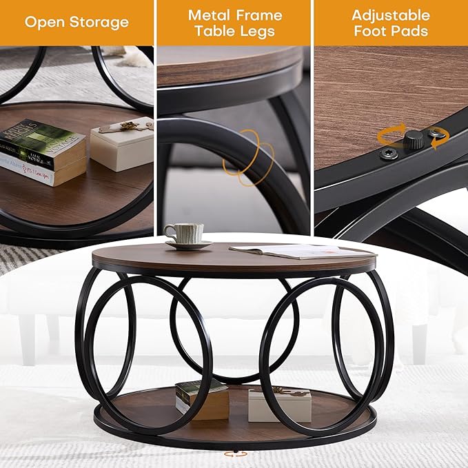 BECHAEO 31.5" Round Coffee Table with Storage - 2 Tier Vintage Coffee Table for Living Room, Industrial Design Wood Top & Metal Legs, Modern Accent Cocktail Tables for Home Office