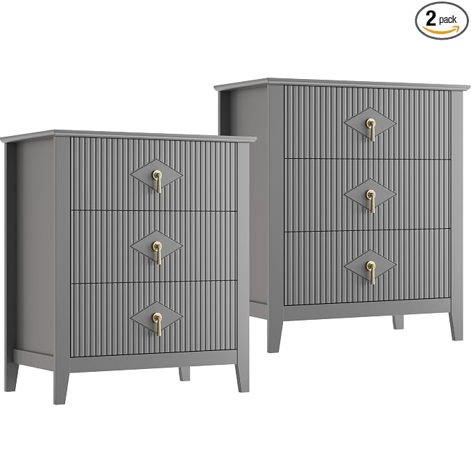 GarveeHome 2Pcs Wood Nightstand Fluted Dresser for Bedroom, 27.5" Wide 3-Drawer Bedside Tables, Modern Chest of Drawers, Storage End Table Living Room, Hallway, Entryway, Grey by GarveeHome
