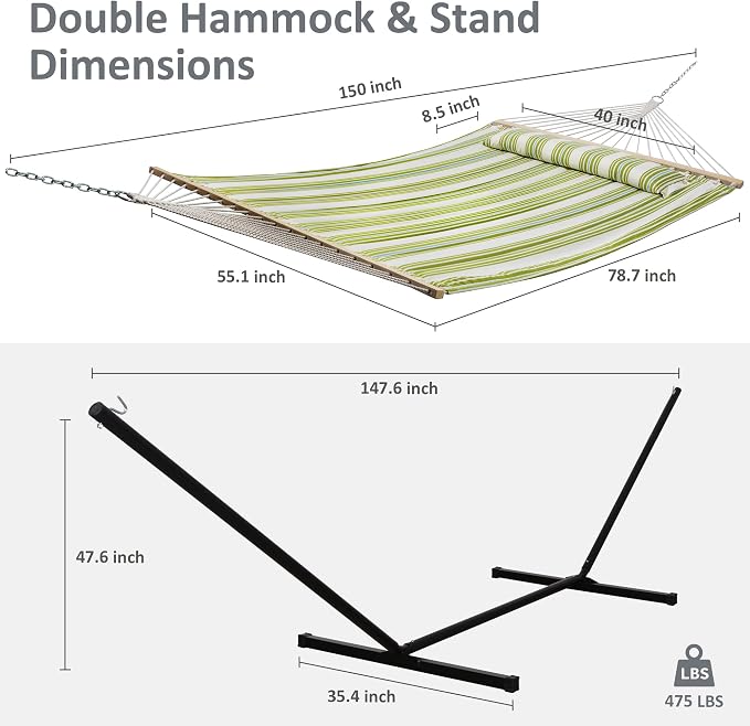 SUNCREAT Portable Double Hammock with Stand, 475 lbs Capacity, Heavy Duty Two Person Hammock with Stand Included, Green Stripe - Image 4