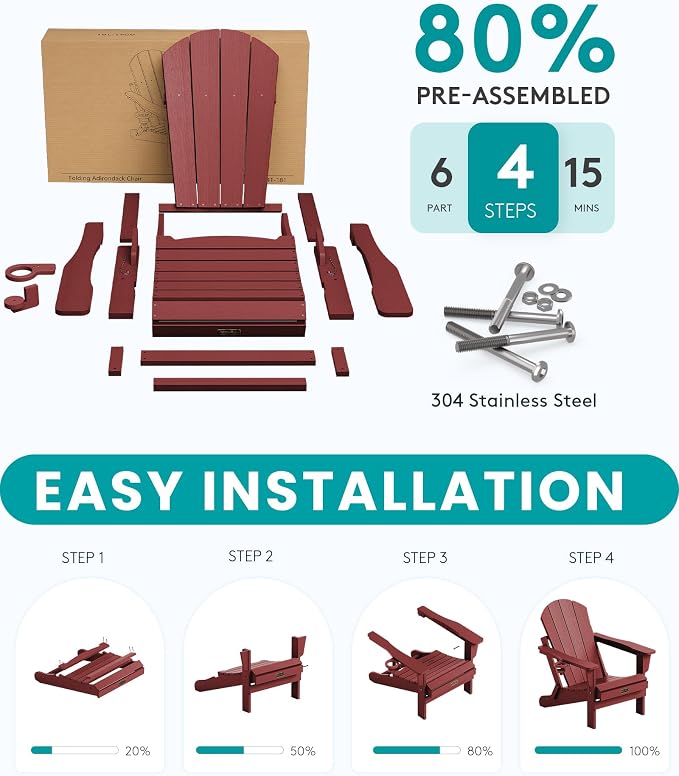 SERWALL Folding Adirondack Chair Set of 6 Weather Resistant Lawn Chairs with Cup Holder for Patio - Red - Image 6