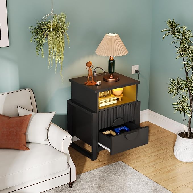 LGHM Set of 2 Fluted Nightstand with Charger Station Strip Lights, 20.47" W Night Stand with 2 Drawers, Large Accent Bed Side Table and End Table, Large Open Cubby, Raising H Legs,Black - Image 2