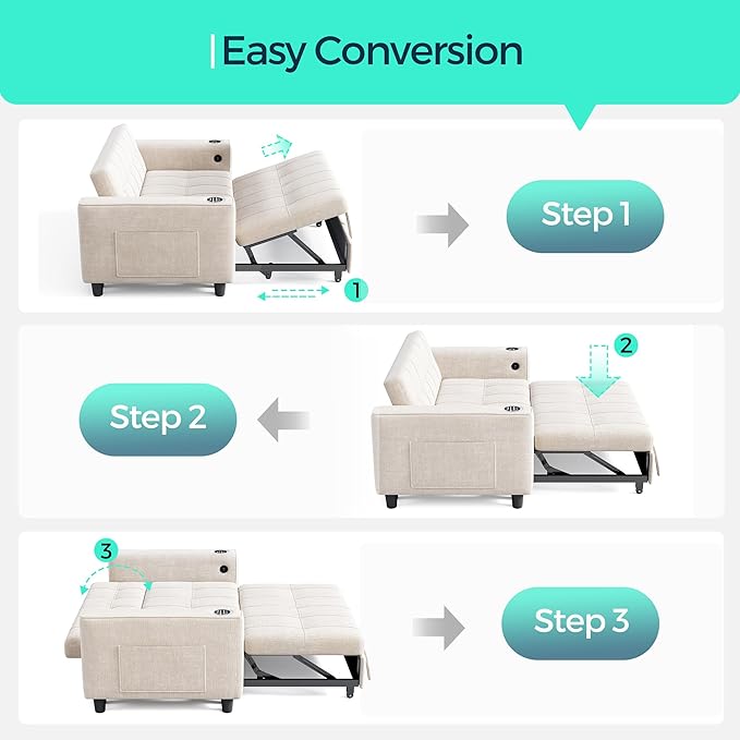 LINSY Sleeper Sofa Bed, 54" Pull Out Couch with Charging Station & Cup Holder, Small 3 in 1 Convertible Loveseat Sleeper Couch for Apartment, Dorm Room, Bedroom and Small Space, Chenille Beige