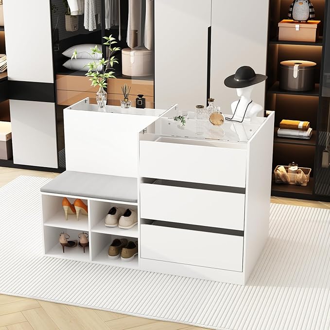 Armoire Bedroom Island Wardrobe Closet Island with 9 Drawers & Glass Tabletop, Islands Dresser with Bench, Closet Islands for Bedroom Cloakroom White (47.2”W x 27.5”D x 31.5”H)
