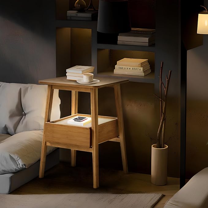 JIKUGO Nightstand Mid Century Modern and Drawers Display Cabinet for Bedroom Bamboo Bedside Tables 21.9x15.8x14.2in with USB Charging Port Night Stands Bed Side Table Bamboo - Image 7