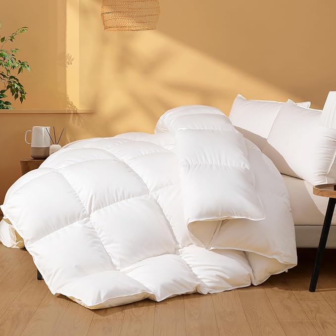 DOWNSTORIA Feather Down Fiber Comforter California King Size, Ultra Soft Fabric Duvet Insert, Luxurious Hotel Collection White Bedding Comforters, All Season Medium Warmth 104 x 96 Inch.