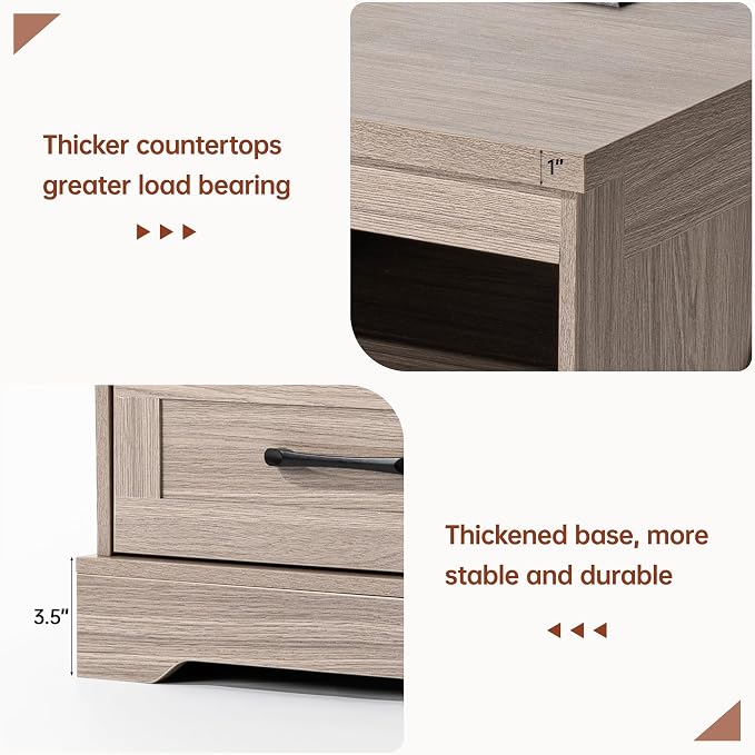 18'' Nightstand with LED Lights | Built-in Power Outlets & USB Ports, Farmhouse Bedside Table with 2 Drawers and Open Storage Shelf, End Table for Bedroom, Living Rooms, Home Offices, Grey,2 Set - Image 7