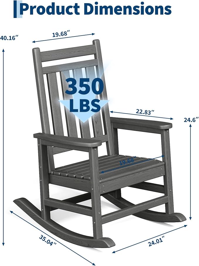 Garvee HDPE Rocking Chair Outdoor Set of 2 - Poly High Back Porch Rocker Chairs for Adults - All Weather Resistant Furniture for Patio Front Porch - Gray - Image 2