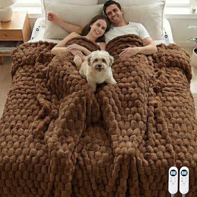 Eastsora Heated Blanket Electric Blanket Heating, Dual Control Soft Ribbed Faux Fur Electric Blanket with 12 Heat Levels 12H Timer ETL FCC Certified Machine Washable (Camel, King Size - 90" x 100")
