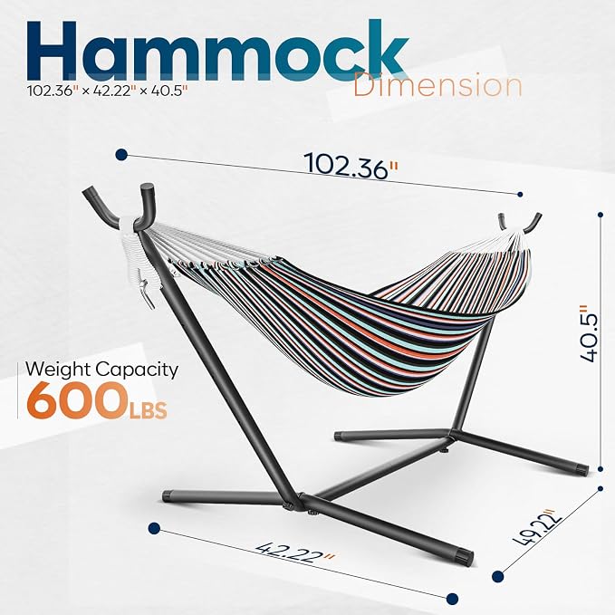 Hammock with Stand for Outside, 600lbs Portable Hammock with Carrying Bag for 2-Person Outside Patio, Heavy Duty, Easy Assembly - Image 2