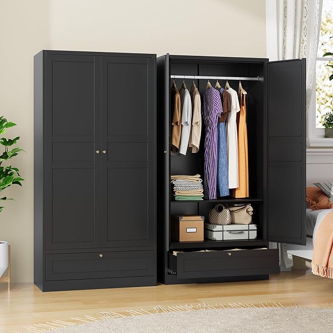 Metal Wardrobe Closet Cabinet,Armoire Wardrobe Closets Storage Cabinets with Drawer,Metal Storage Cabinet with Doors and Shelves for Laundry Room,Bedroom,Home Office,Bathroom(Black)